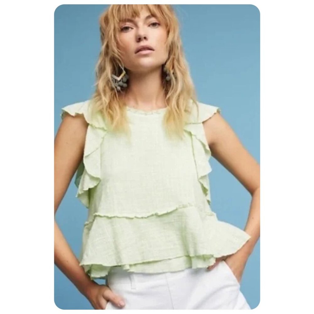 Anthropologie Maeve Light Green Cascade Ruffle Gauze Cotton Top sz M
